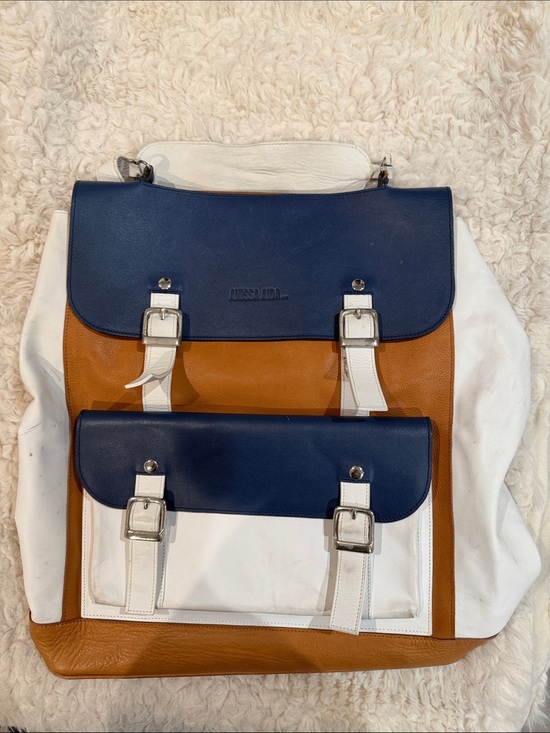 Tricolor Leather Backpack – Blue, White & Tan main image 4